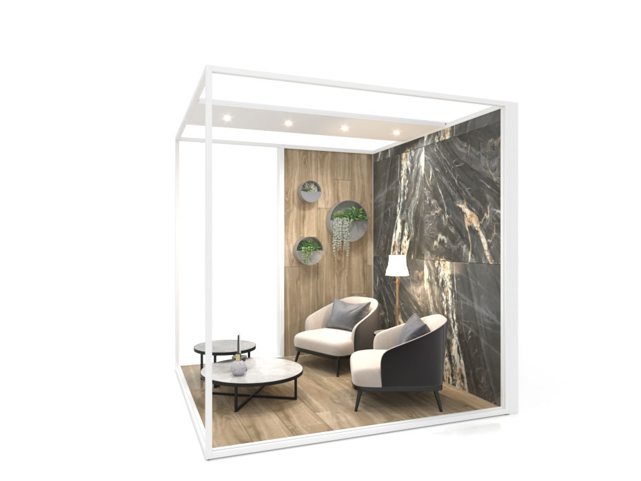 Ambiente expositor de cerámica y baño Isla Corner 240x240_2515 sx luz tabique blanco lateral