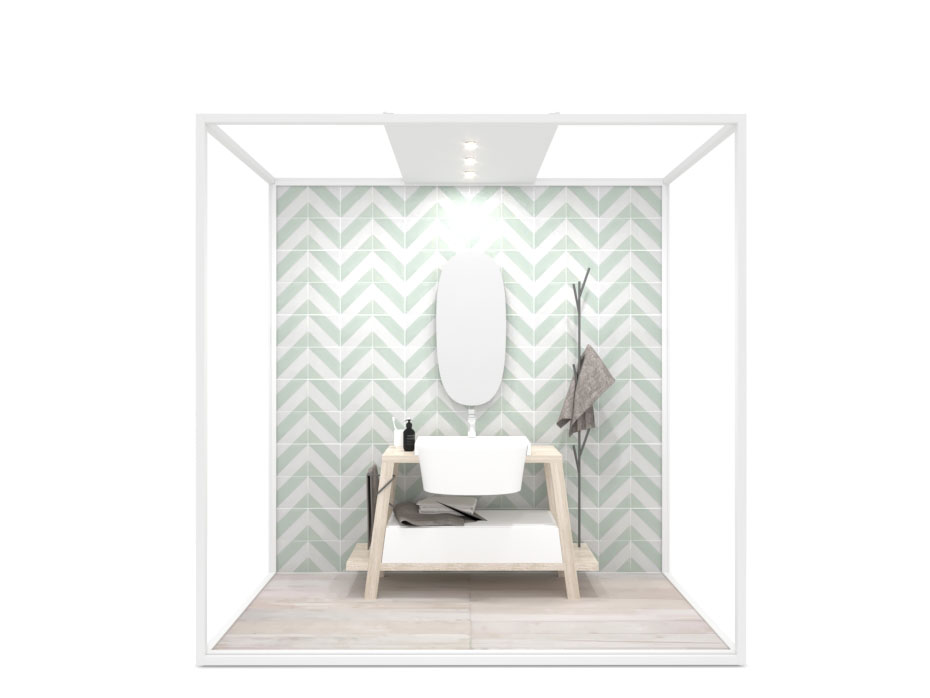 Ambiente para la exposición de azulejos y baño Isla Lineal 240x120_2400 luz tabique blanco frontal