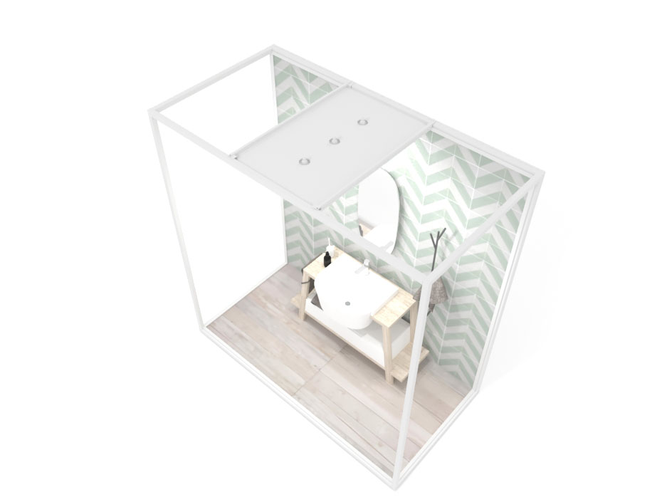 Ambiente para la exposición de azulejos y baño Isla Lineal 240x120_2515 luz blanco aerea