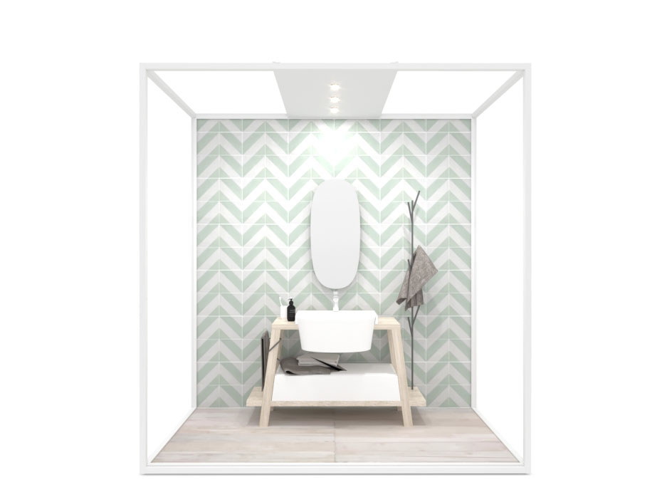 Ambiente para la exposición de azulejos y baño Isla Lineal 240x120_2515 luz blanco frontal
