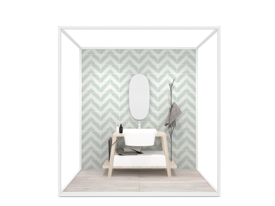 Ambiente para la exposición de azulejos y baño Isla Lineal 240x120_2515 tabique blanco frontal