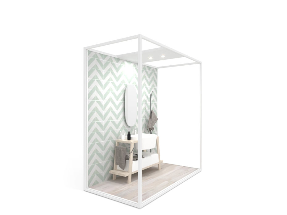 Ambiente para la exposición de azulejos y baño Isla Lineal 240x120_2515 luz blanco lateral