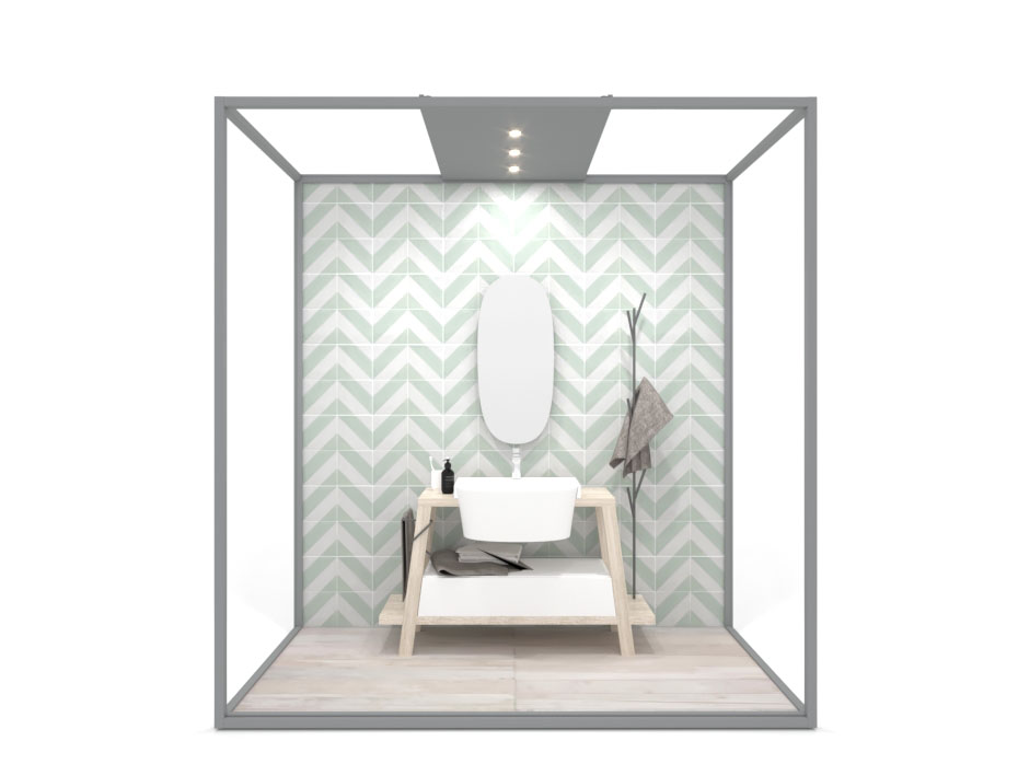 Ambiente para la exposición de azulejos y baño Isla Lineal 240x120_2515 luz tabique plata frontal