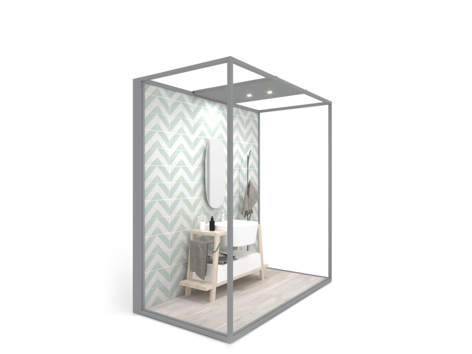 Ambiente para la exposición de azulejos y baño Isla Lineal 240x120_2515 luz tabique plata lateral