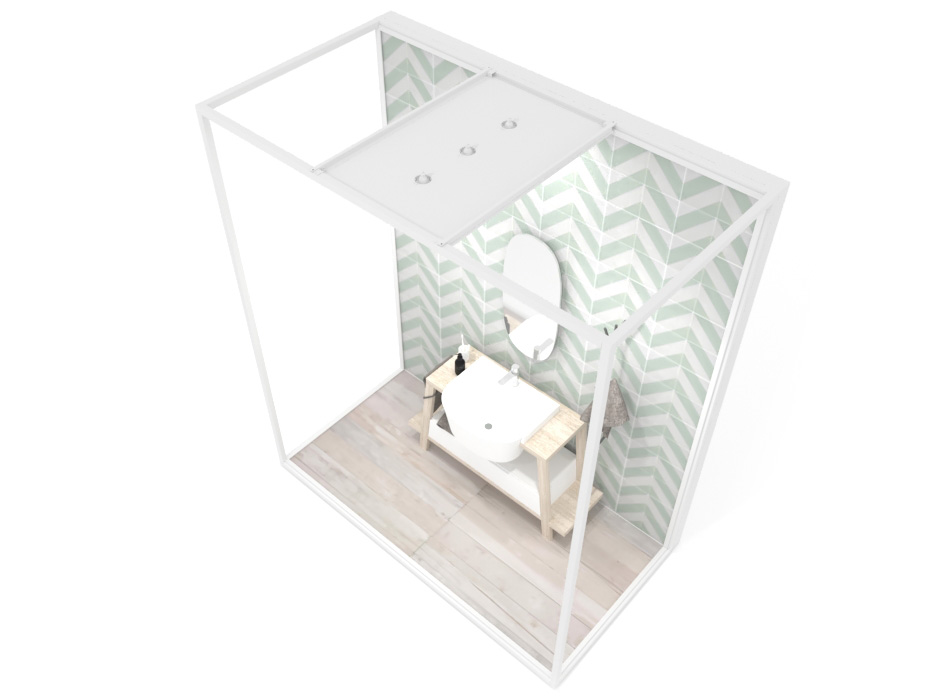 Ambiente para la exposición de azulejos y baño Isla Lineal 240x120_2800 luz tabique blanco aerea