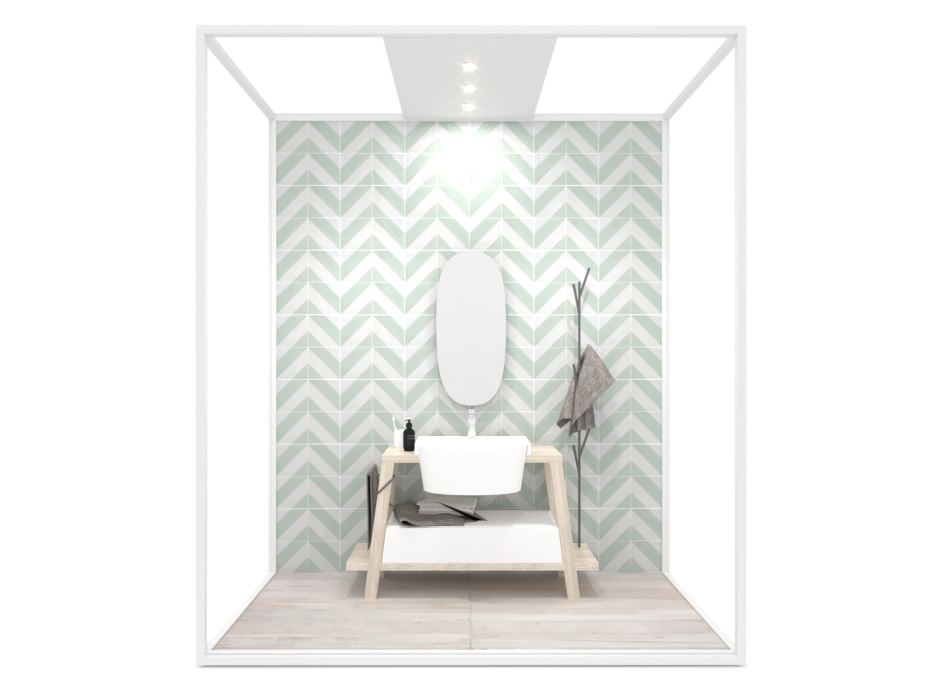 Ambiente para la exposición de azulejos y baño Isla Lineal 240x120_2800 luz tabique blanco frontal