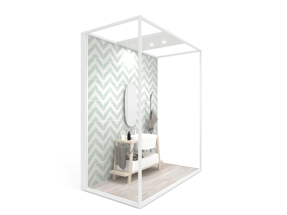 Ambiente para la exposición de azulejos y baño Isla Lineal 240x120_2800 luz tabique blanco lateral
