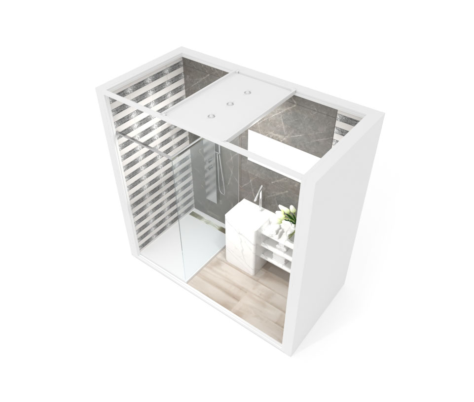 Ambiente para exponer cerámica Isla U_2515 luz tabique blanco aerea