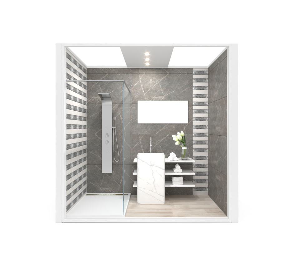 Ambiente para exponer cerámica Isla U_2515 luz tabique blanco frontal