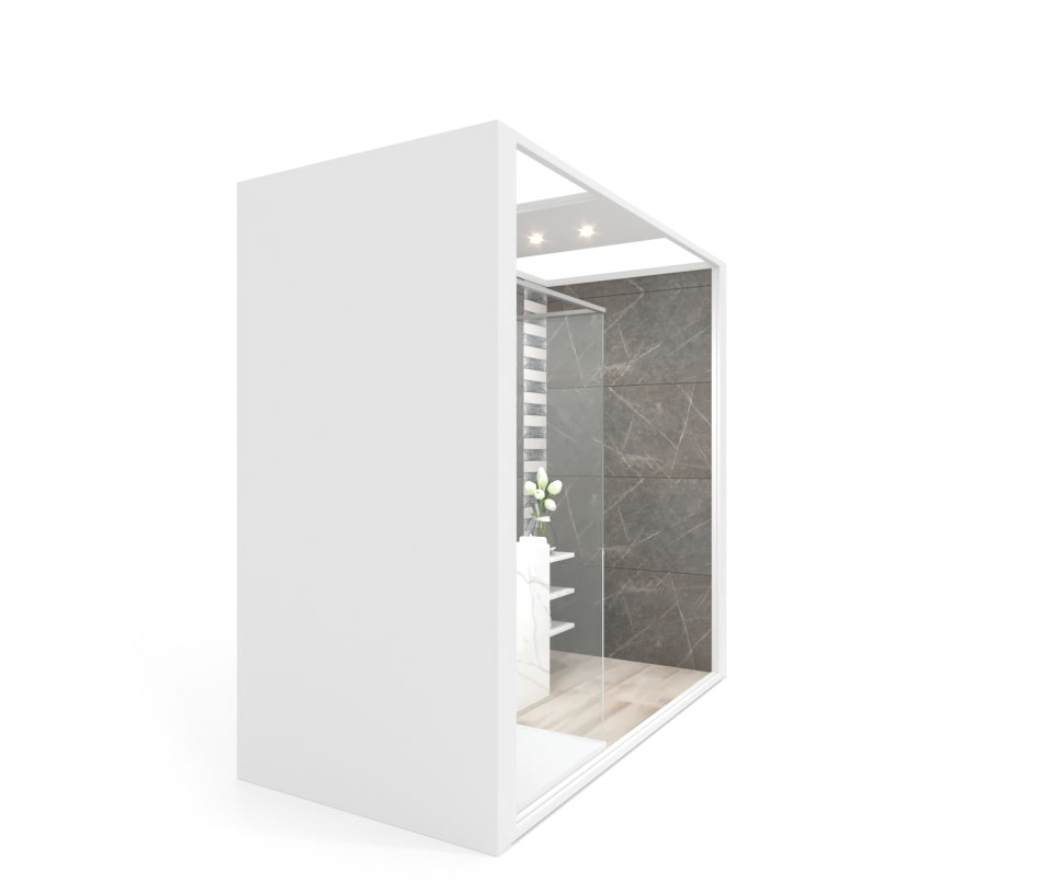 Ambiente para exponer cerámica Isla U_2515 luz tabique blanco lateral