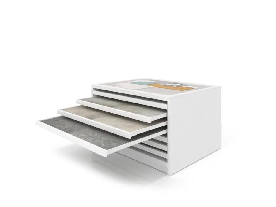 Expositor de cerámica tipo cajonera Mississippi panel blanco abierto