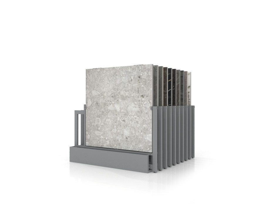 Exhibidores de pisos cerámicos Misuri 20 plata 120x120 frontal
