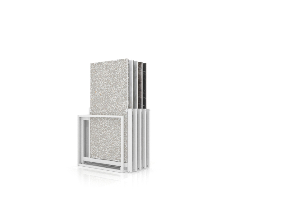 Mueble expositor de azulejos Nebraska 10 blanco 150x75 frontal