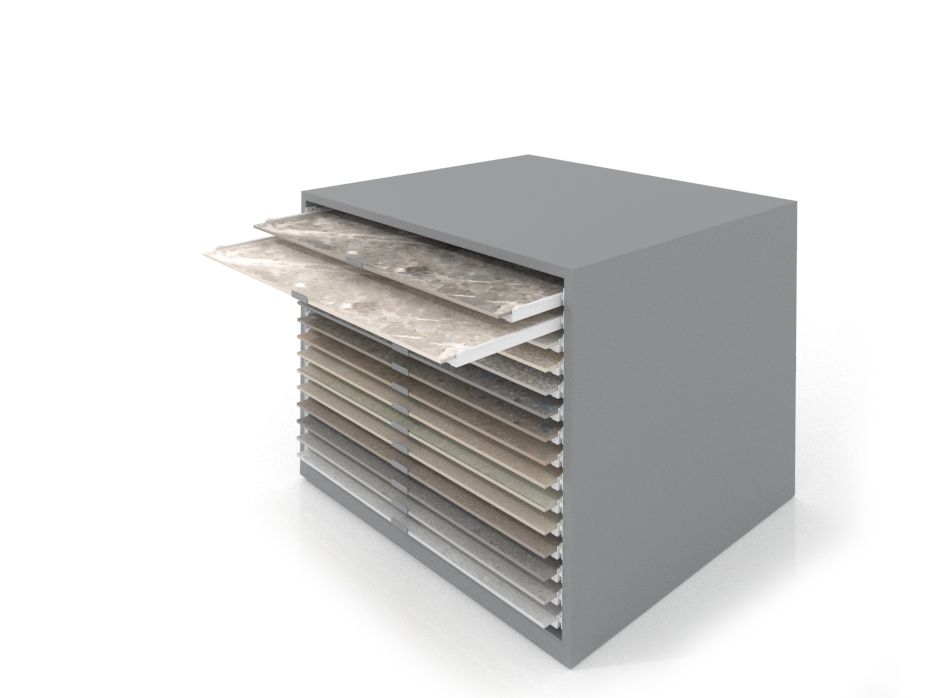 Cajonera para exponer azulejos Oregon 120X120 Plata Abierto