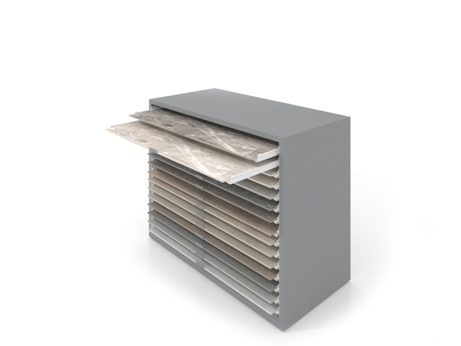 Cajonera para exponer azulejos Oregon 120X60 Plata Abierto