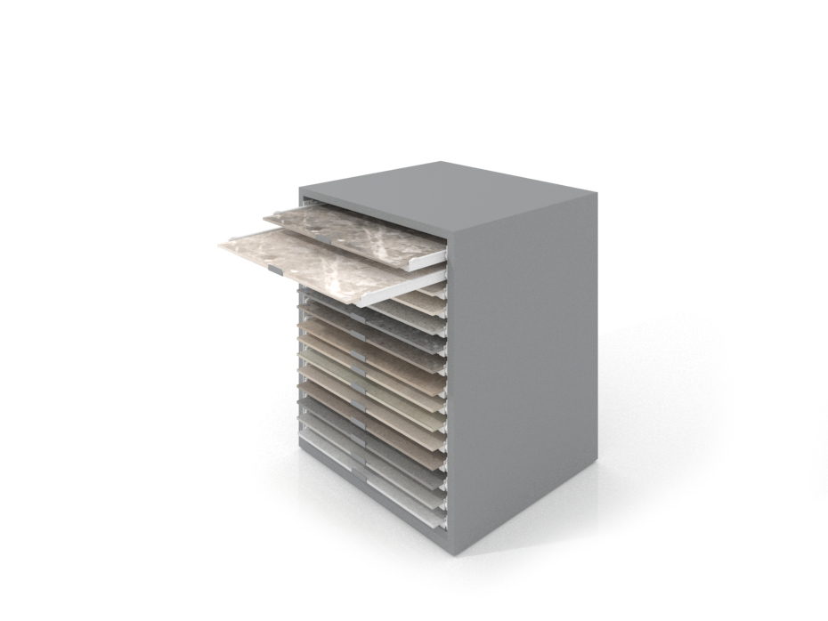 Cajonera para exponer azulejos Oregon 75x75 Plata Abierto