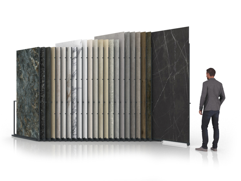 expositor para azulejos de gran formato Pisa Slimshow dx 24 antracita abierto