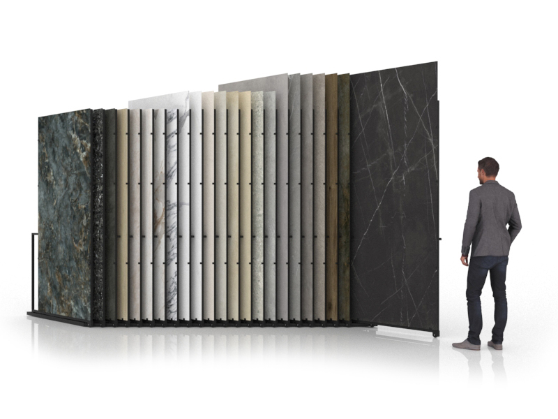 expositor para azulejos de gran formato Pisa Slimshow dx 24 negro abierto