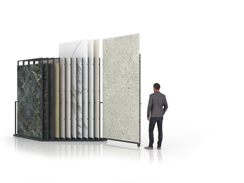 Expositor para azulejos gigantes Pisa Slimshow Polivalente 12 dx antracita abierto