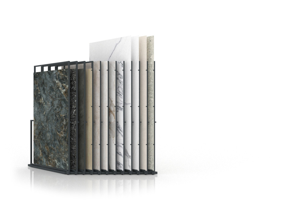 Expositor para azulejos gigantes Pisa Slimshow Polivalente 12 dx antracita cerrrado
