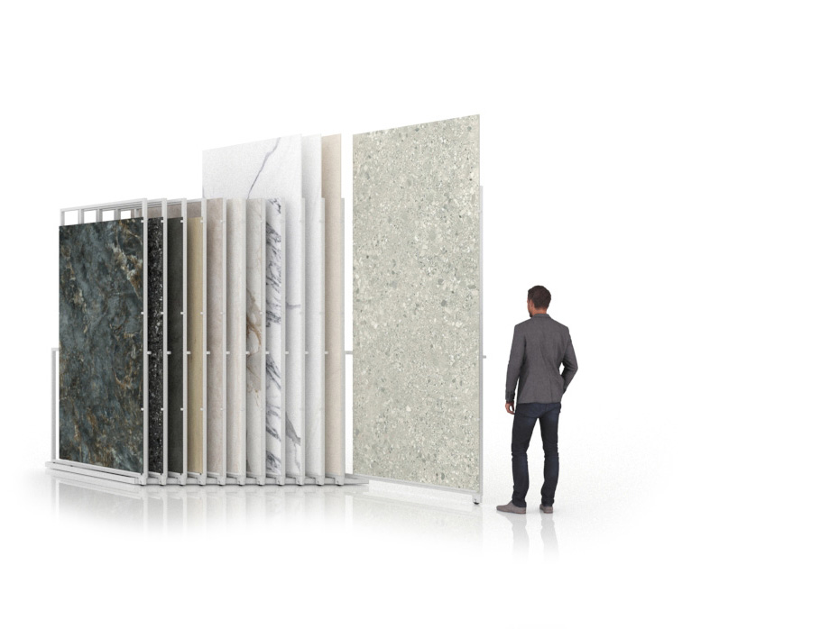 Expositor para azulejos gigantes Pisa Slimshow Polivalente 12 blanco abierto
