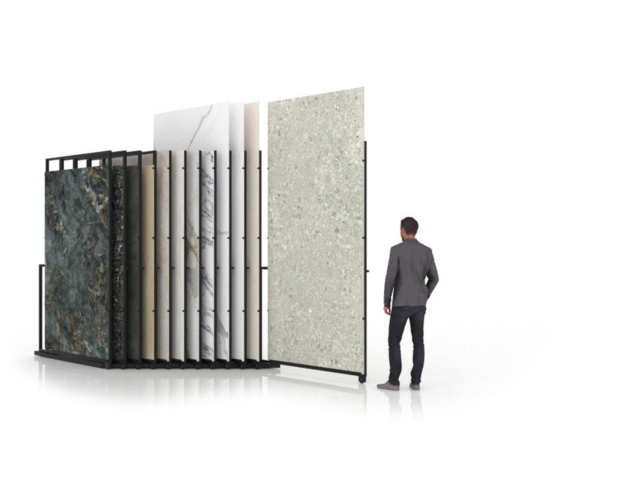 Expositor para azulejos gigantes Pisa Slimshow Polivalente 12 dx negro abierto