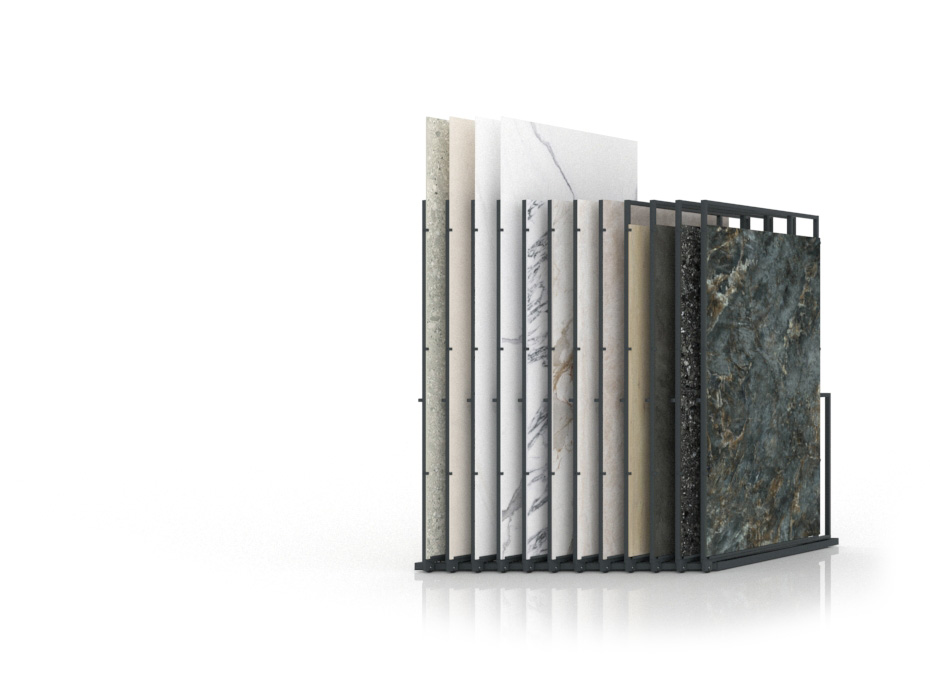 Expositor para azulejos gigantes Pisa Slimshow Polivalente 12 sx antracita cerrado
