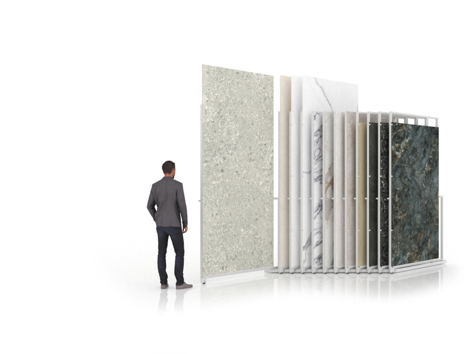 Expositor para azulejos gigantes Pisa Slimshow Polivalente 12 sx balnco abierto