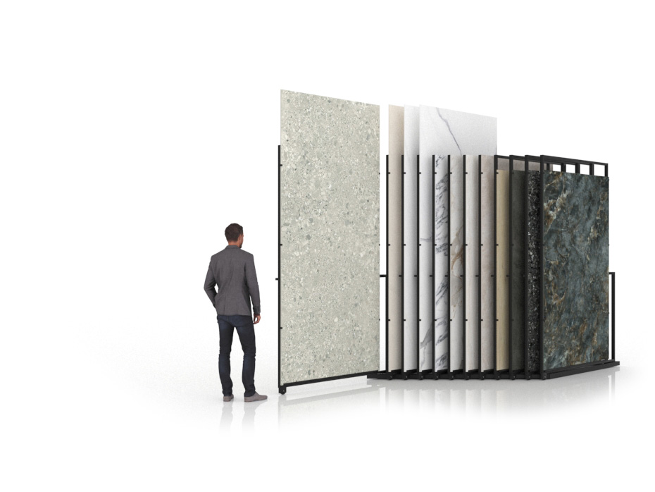 Expositor para azulejos gigantes Pisa Slimshow Polivalente 12 sx negro abierto