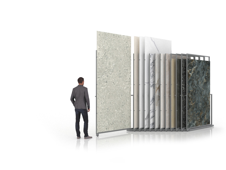Expositor para azulejos gigantes Pisa Slimshow Polivalente 12 sx plata abierto