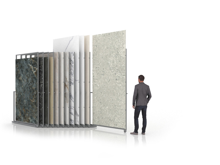  Expositor para azulejos gigantes Pisa Slimshow Polivalente 12 dx plata abierto