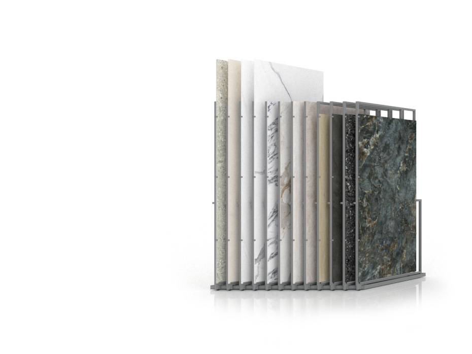 Expositor para azulejos gigantes Pisa Slimshow Polivalente 12 sx plata cerrado