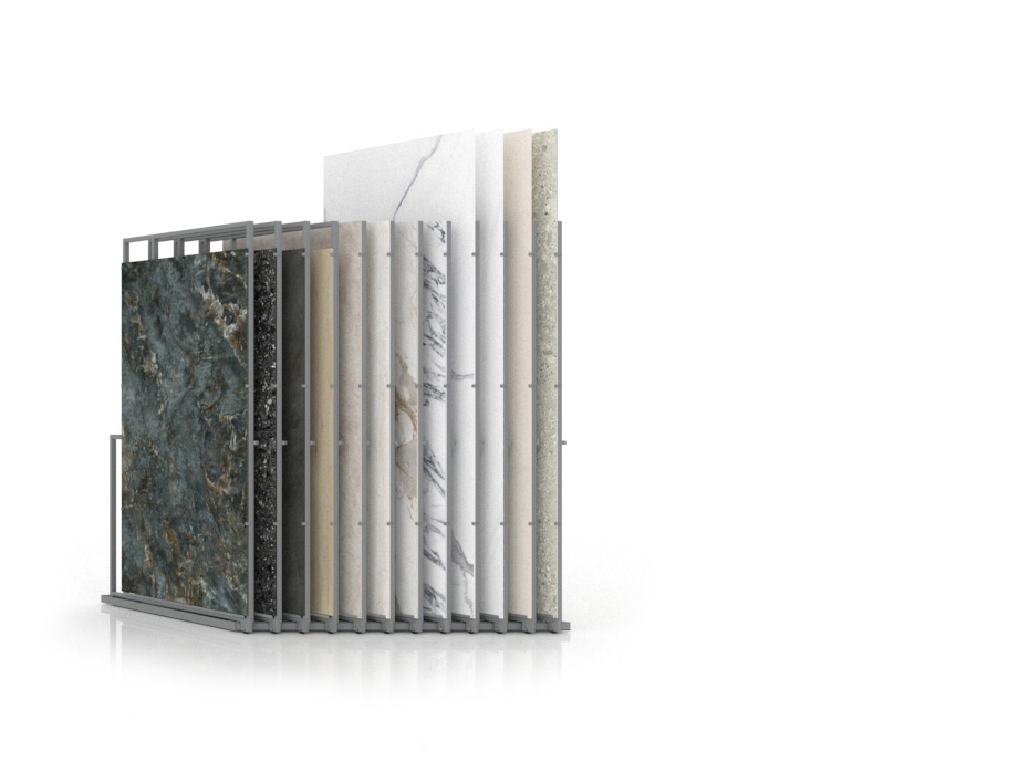 Expositor para azulejos gigantes Pisa Slimshow Polivalente 12 dx plata cerrado