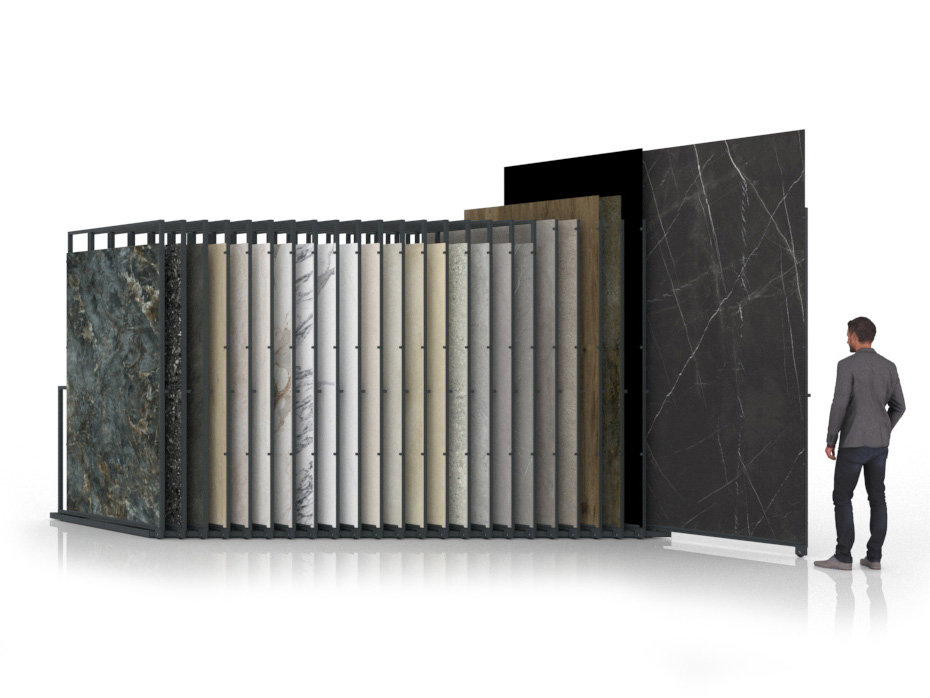 Expositor para azulejos gigantes Pisa Slimshow Multiformato sx 24 antracita abierto