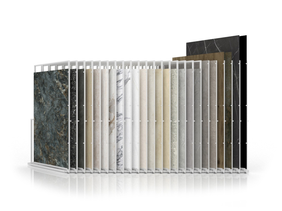 Expositor para azulejos gigantes Pisa Slimshow Multiformato dx blanco frontal