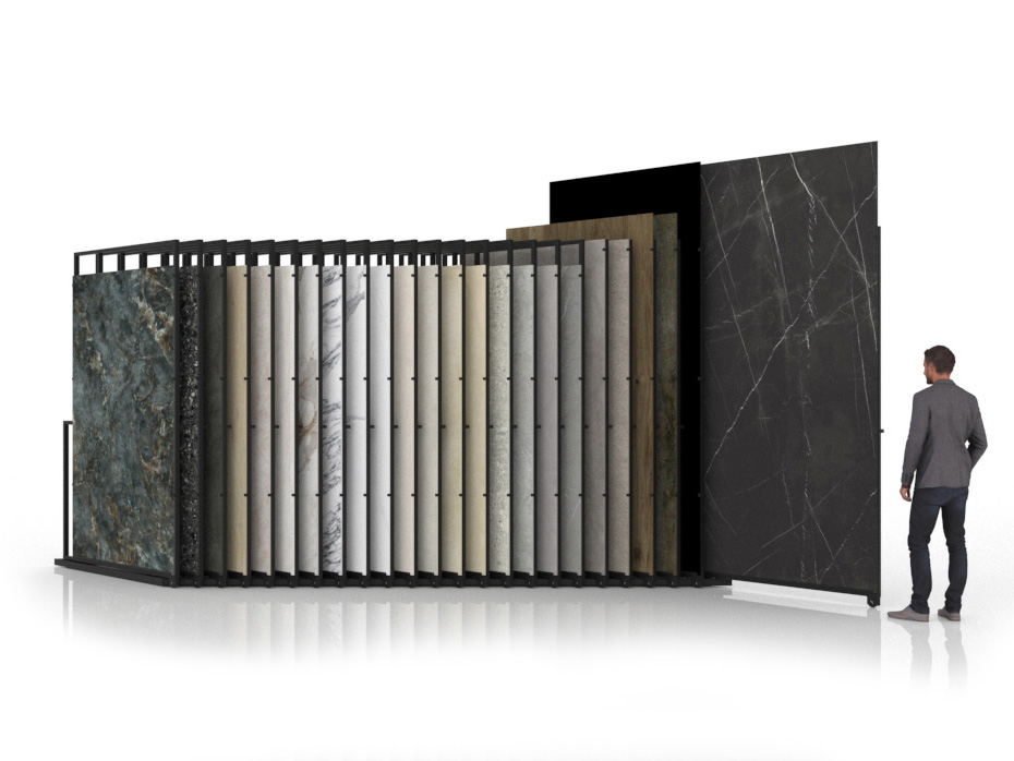 Expositor para azulejos gigantes Pisa Slimshow Multiformato dx 24 negro abierto