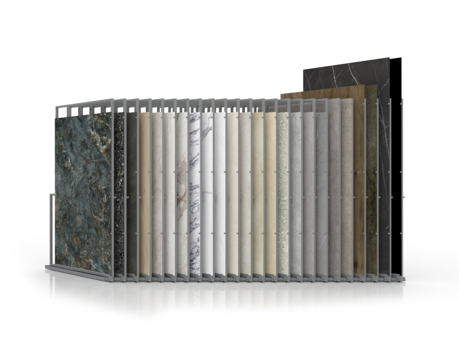 Expositor para azulejos gigantes Pisa Slimshow Multiformato dx 24 plata frontal
