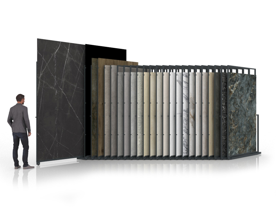 Expositor para azulejos gigantes Pisa Slimshow Multiformato sx 24 antracita abierto