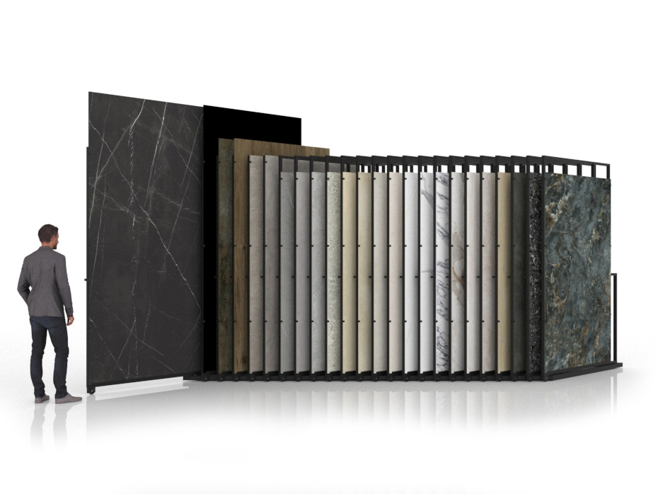 Expositor para azulejos gigantes Pisa Slimshow Multiformato sx 24 negro abierto