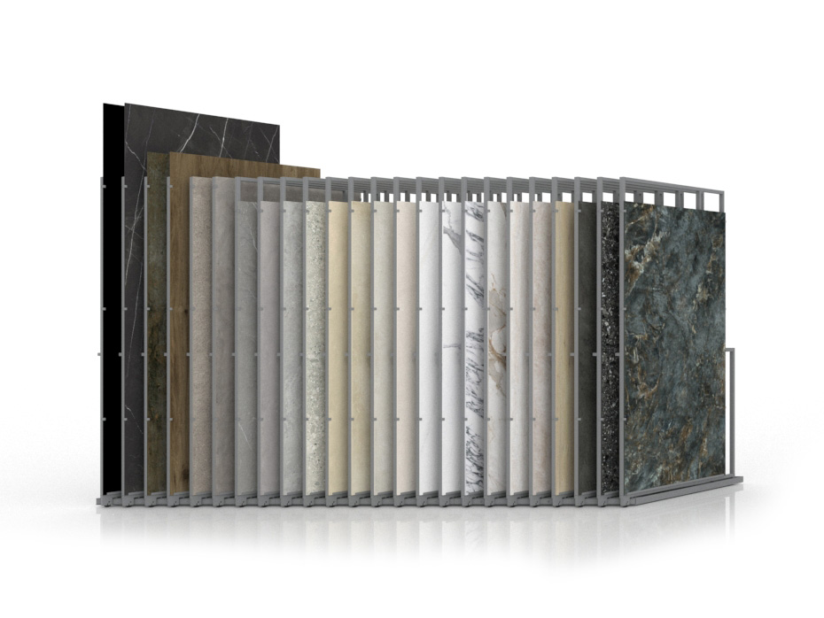 Expositor para azulejos gigantes Pisa Slimshow Multiformato sx 24 plata frontal