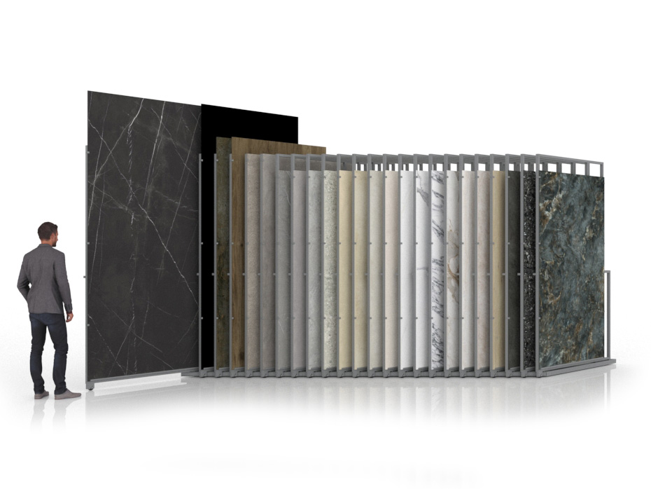 Expositor para azulejos gigantes Pisa Slimshow Multiformato sx 24 plata abierto