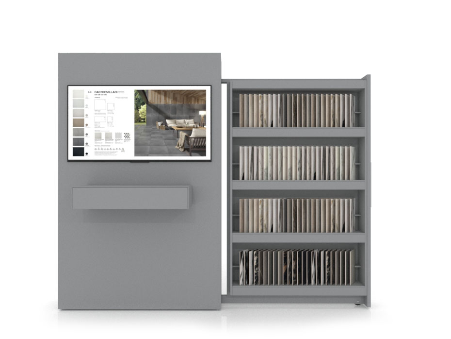 Expositor digitalizado para azulejos Roma muestras dx plata frontal