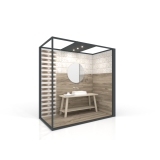 Ambiente para exponer cerámica Isla Corner 240x120 2515 DX antracita frontal tabique luz