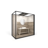 Ambiente para exponer cerámica Isla Corner 240x120 2515 DX negro frontal tabique luz