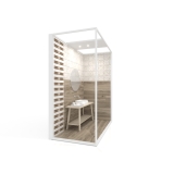 Ambiente para exponer cerámica Isla Corner 240x120 2800 dx luz tabique blanco frontal