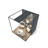 Ambiente expositor de cerámica y baño Isla Corner 240x240 DX antracita 2515 h aerea tabique luz