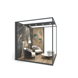 Ambiente expositor de cerámica y baño Isla Corner 240x240 DX antracita 2515 h lateral tabique luz
