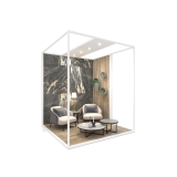 Ambiente expositor de cerámica y baño Isla Corner 240x240_2800 dx luz tabique blanco frontal