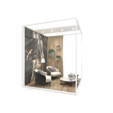 Ambiente expositor de cerámica y baño Isla Corner 240x240_2800 dx luz tabique blanco lateral