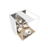 Ambiente expositor de cerámica y baño Isla Corner 240x240_2515 sx luz tabique blanco aerea